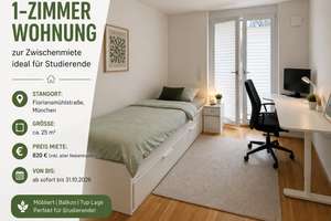 AB SOFORT: Möblierte 1-Zimmer-Wohnung mit Balkon zur Zwischenmiete bis 30.10.2026 – Floriansmühlstraße 20, 80939 Obere Isarau, München – Vorschaubild 1
