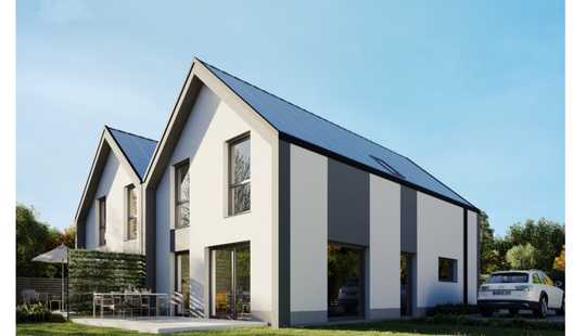 Bild von zwei moderne Doppelhaushälften mit PV-Anlage (KFW-Förderung mit attraktivem Zins für 100.000 Euro)