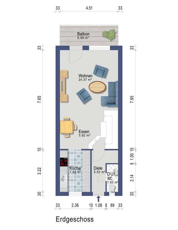 Grundriss EG -  Möbiliert - Kü