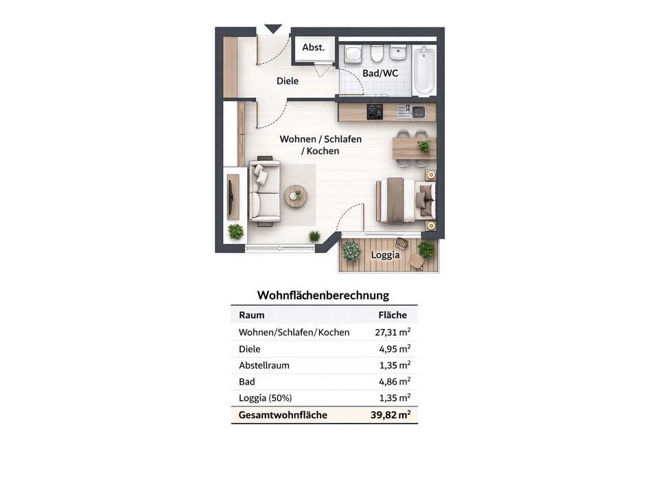 Grundriss mit Wohnflächenbe...