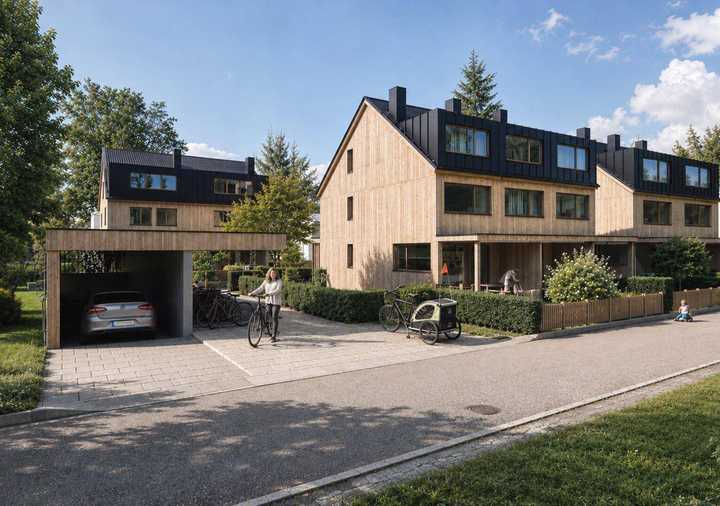 Feldkirch - Tosters, Neubau - Vollholz Eckreihenhaus mit 102 m², 5 Zimmer + Studio, eigener Keller 