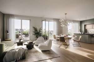 Neubau-Penthouse-Wohnung im 6. OG mit großem Wohn-Essbereich und Dachterrasse mit Blickrichtung Alex
