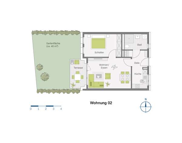 2-Zimmer mit 40 m² Gartenfläche