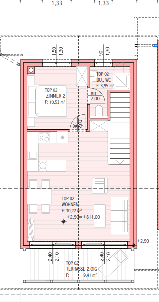 Grundriss des Obergeschosses mit offenem Wohnbereich, Küche und weiterer Terrasse.