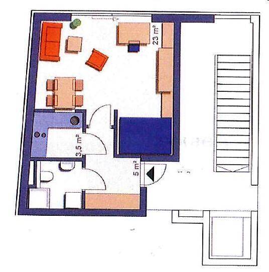 Grundriss einer Wohnung mit Wohnbereich, Schlafzimmer und Badezimmer.