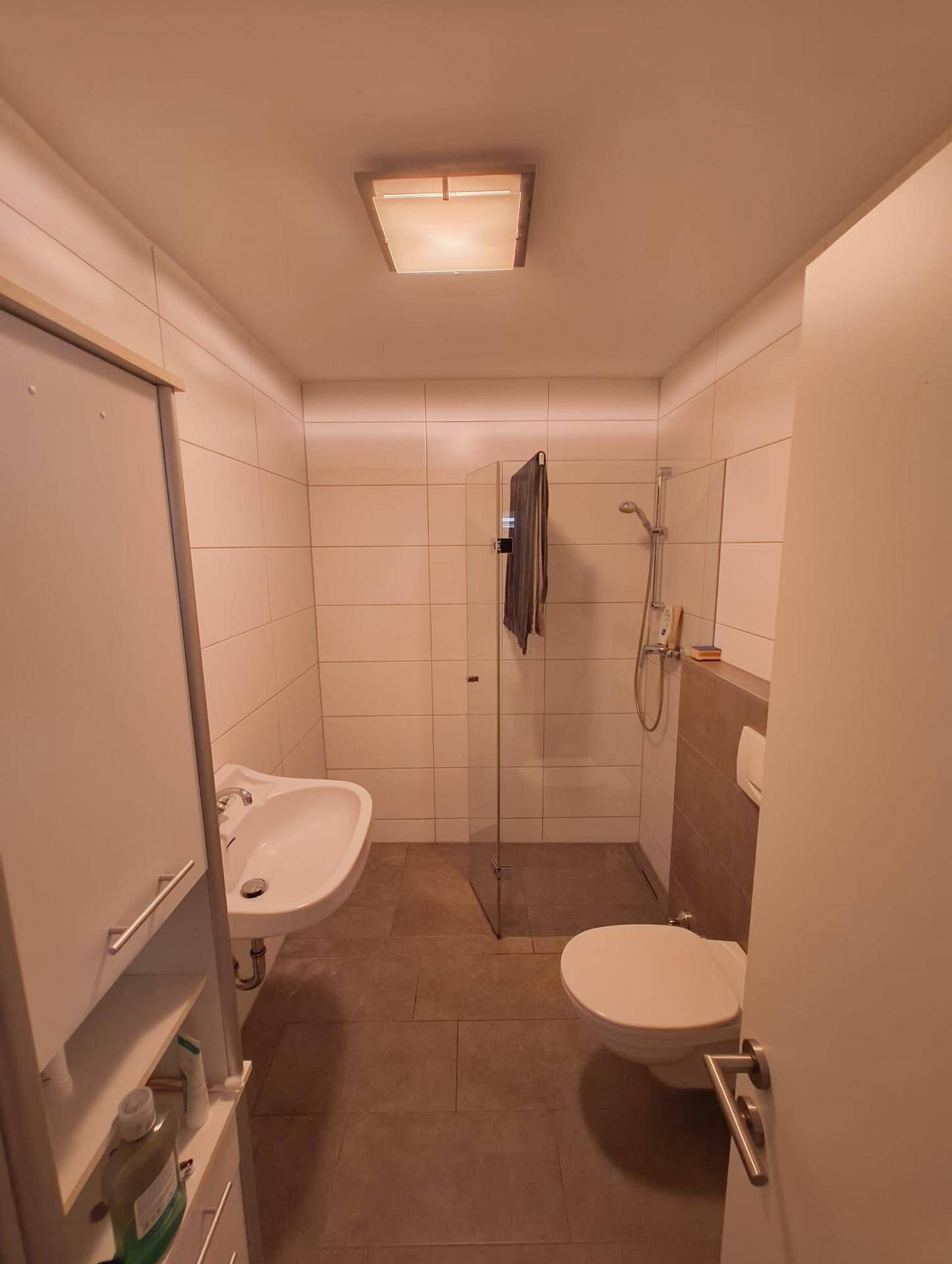 Modern gefliestes Badezimmer mit Dusche, Waschbecken und Toilette in hellen Farbtönen.