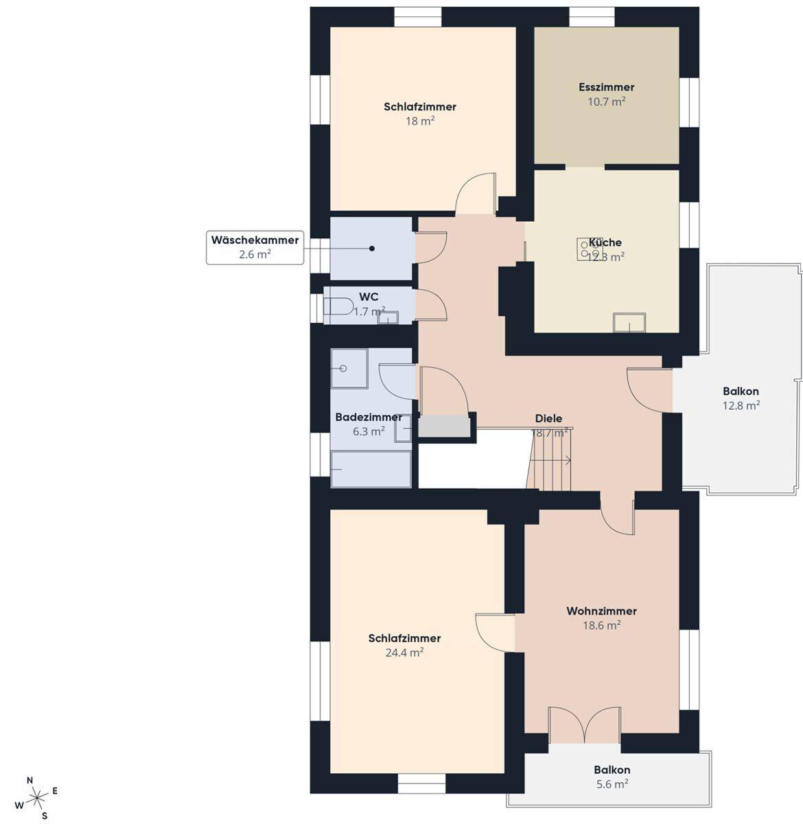 Detaillierter Grundriss mit zwei Schlafzimmern, Wohnzimmer, Küche und zwei Balkonen.