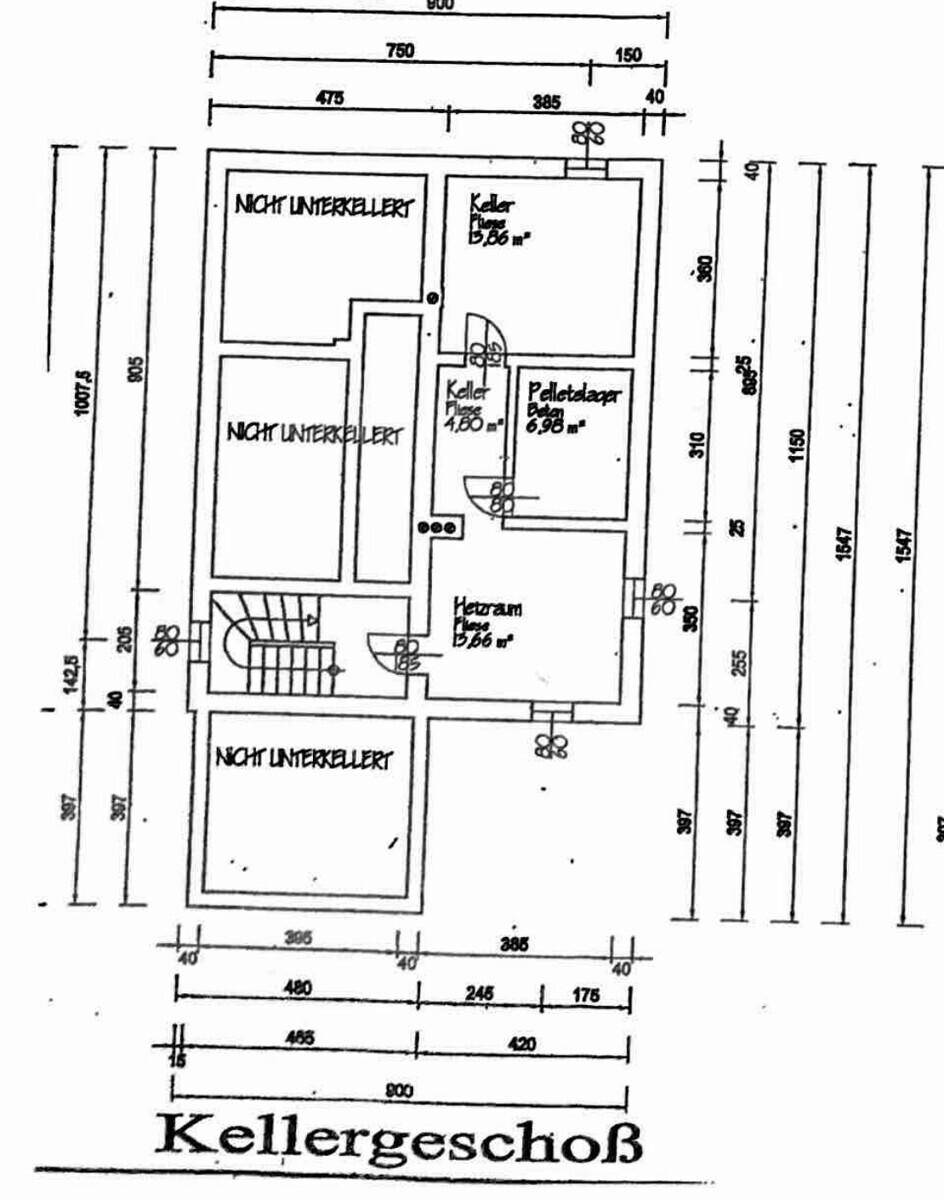 Grundriss des Kellergeschosses mit Heizraum und Lagerräumen.