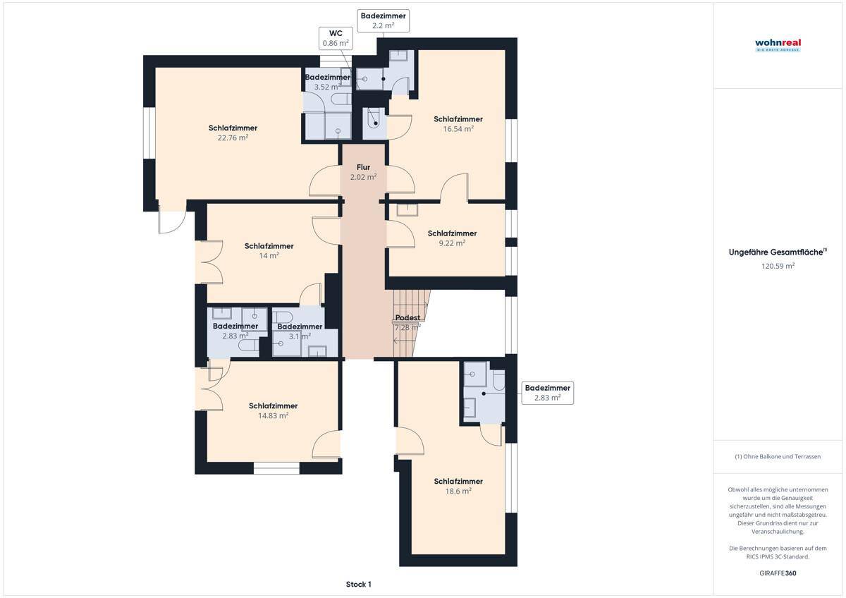 Grundriss der ersten Etage mit mehreren Schlafzimmern und Bädern.