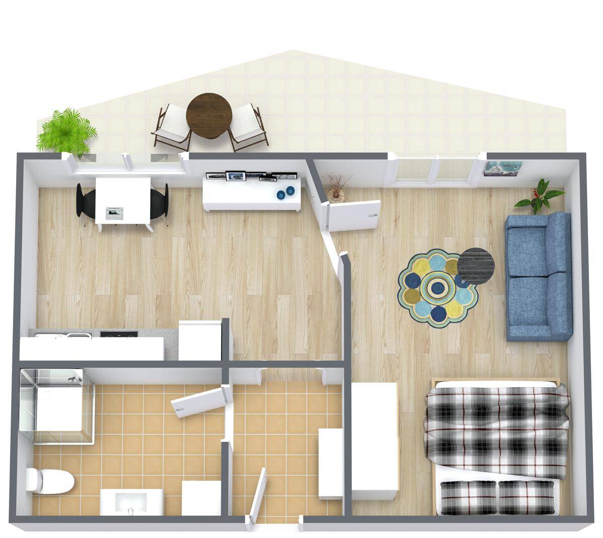 Visualisierter Grundriss einer Wohnung mit Wohnzimmer, Schlafzimmer und Terrasse.