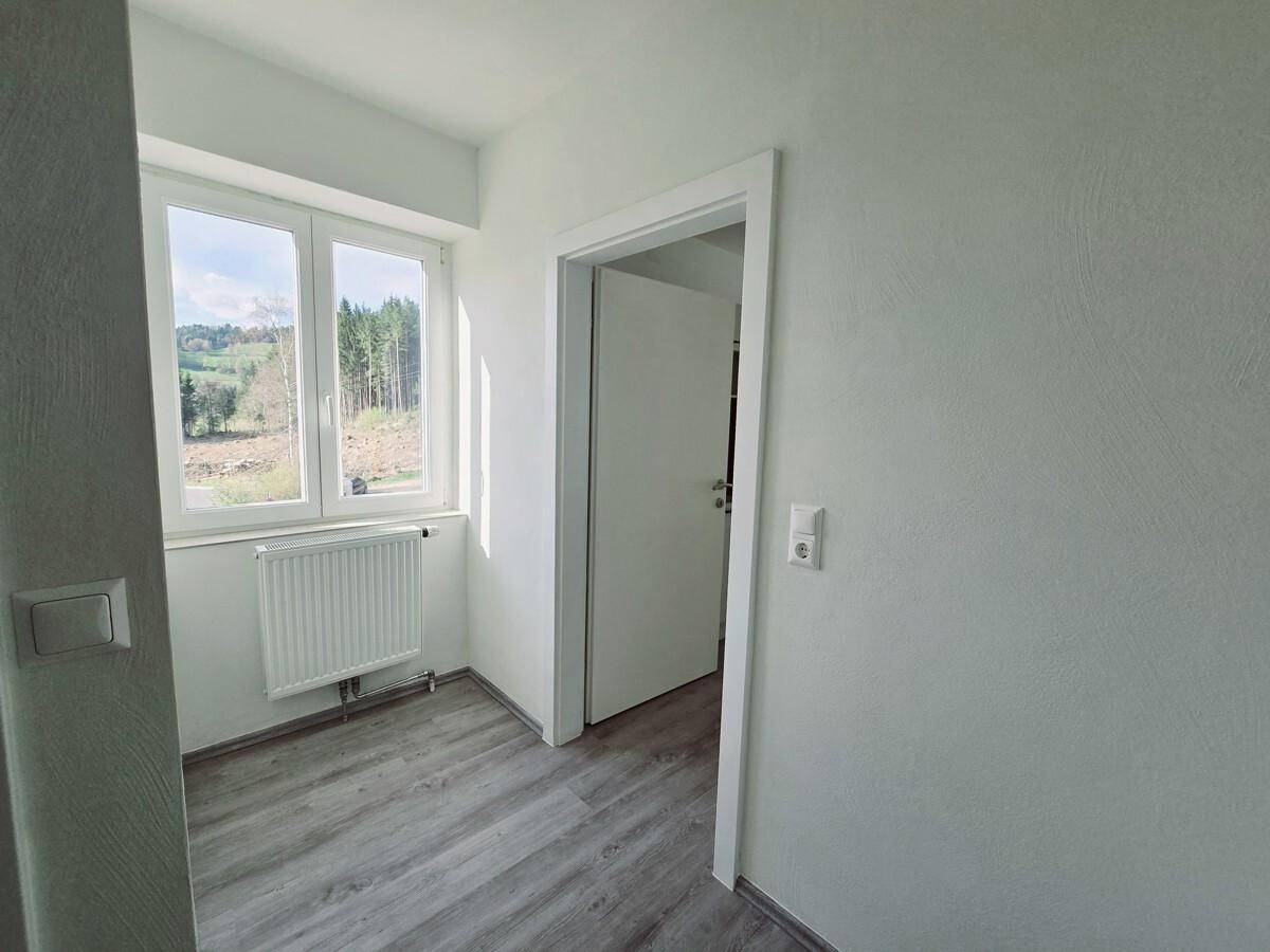 Heller Flurbereich mit Laminatboden und Fenster, das einen schönen Ausblick in die Natur bietet.
