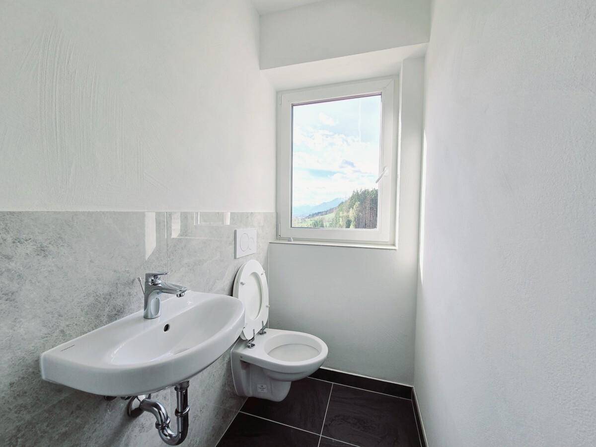 Modernes Gäste-WC mit wandhängender Toilette, kleinem Waschbecken und Fenster mit Bergblick.