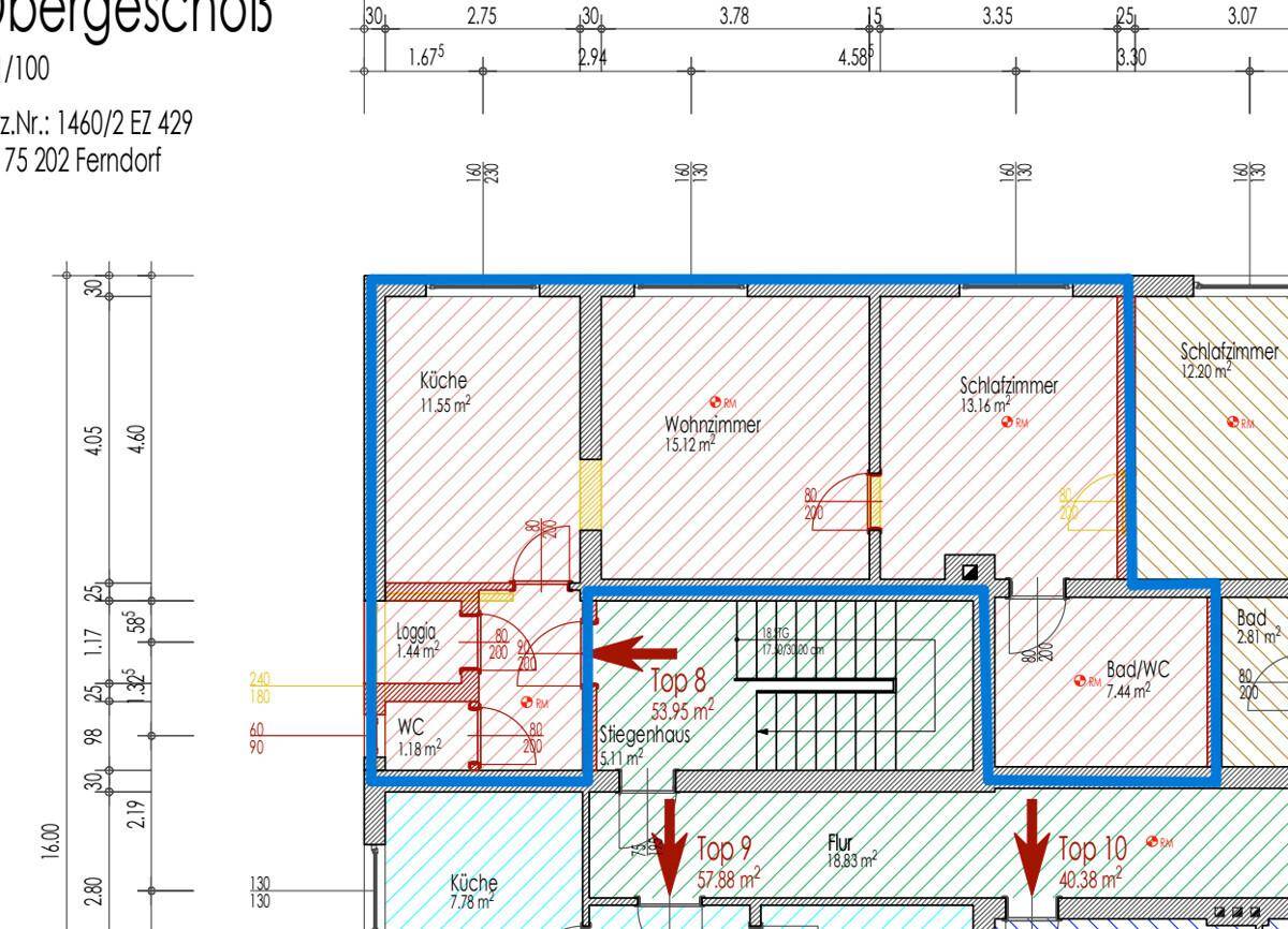 Detaillierter Grundrissplan mit Raumaufteilung und Flächenangaben für mehrere Wohneinheiten.