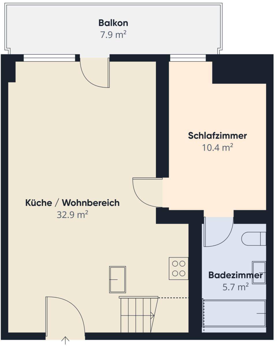 Grundriss der unteren Etage mit Küche, Wohnbereich, Schlafzimmer und Bad.