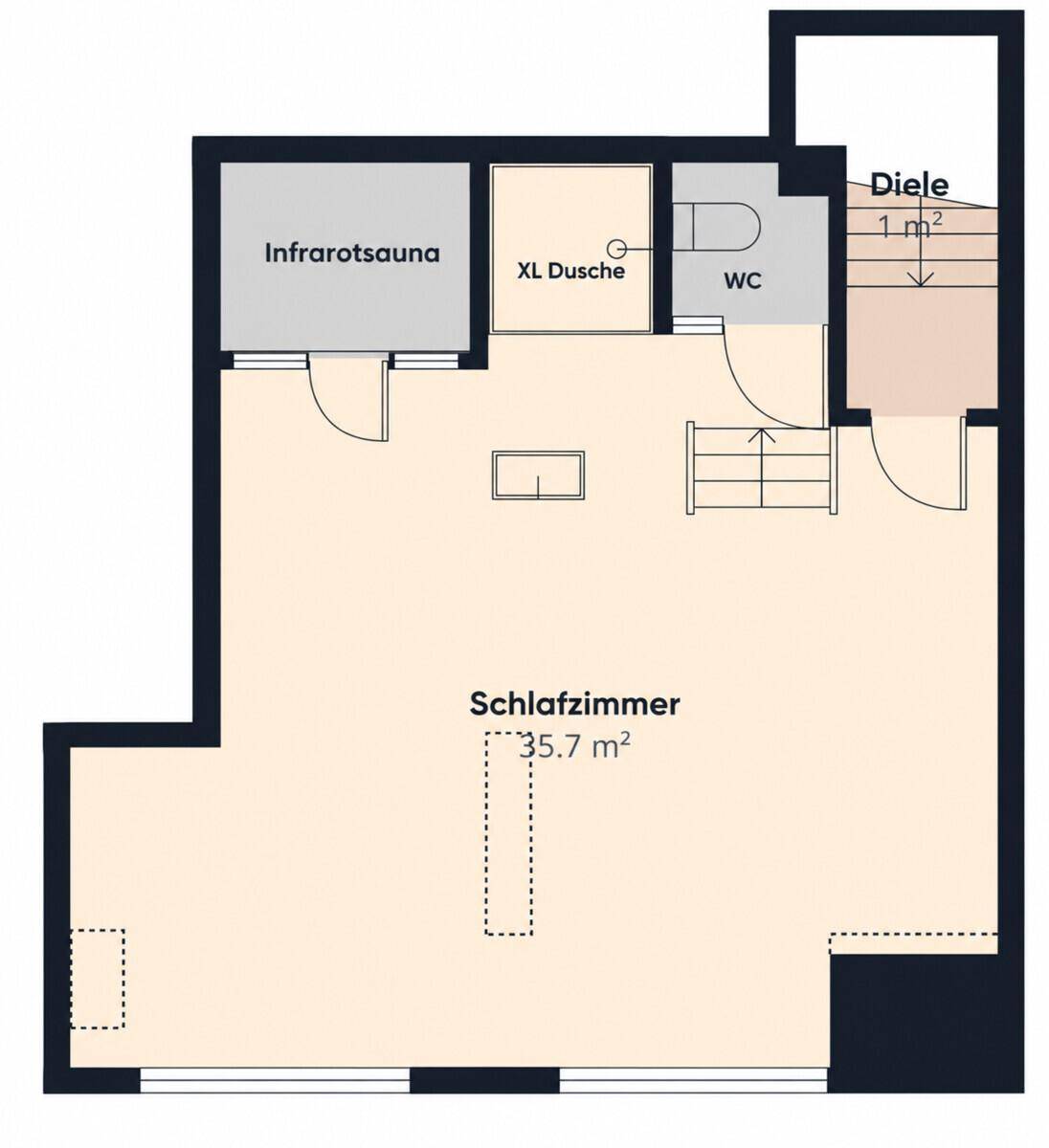 Grundriss der oberen Etage mit Schlafzimmer, Infrarotsauna, Dusche und WC.