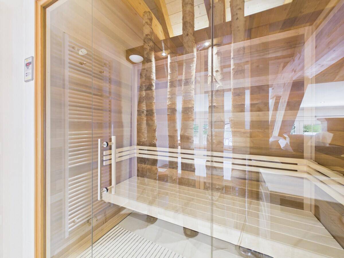 Moderne Sauna mit Holzbänken und dekorativen Birkenstämmen für entspannende Momente.
