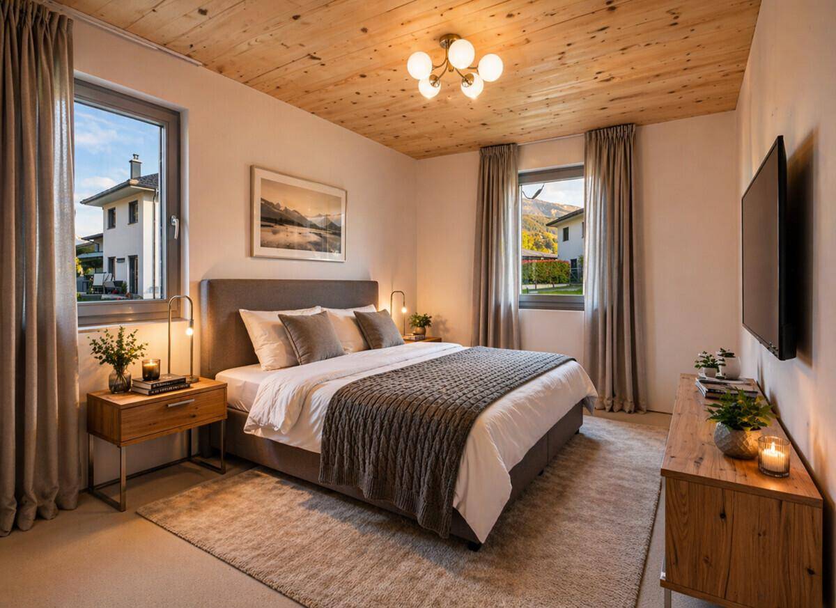 Gemütliches Schlafzimmer mit Holzbalkendecke, Teppichboden und Blick auf die Umgebung.