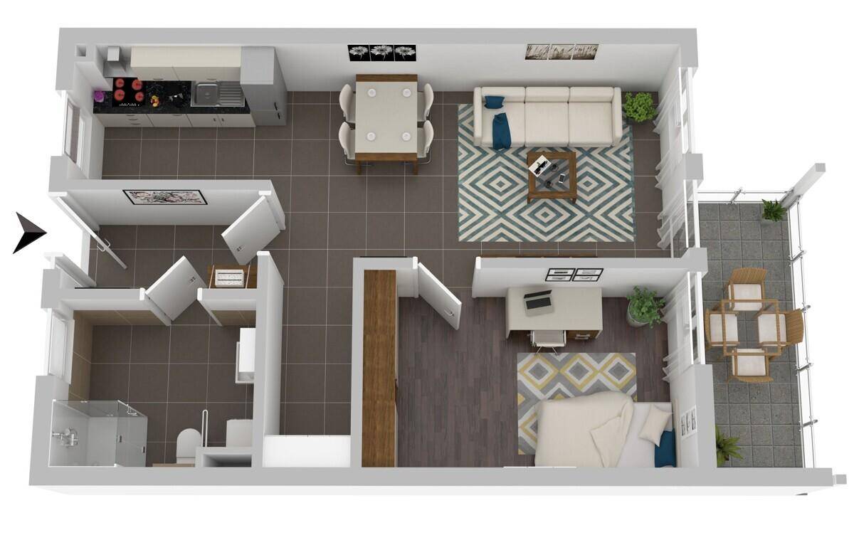 Detaillierter Grundriss einer Wohnung mit offenem Wohnbereich, Schlafzimmer und Balkon.