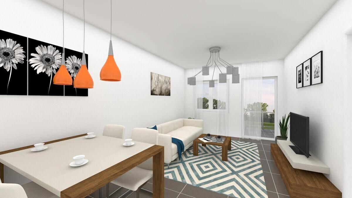 Heller Wohn- und Essbereich mit modernem Teppich, bequemer Couch und Zugang zum Außenbereich.