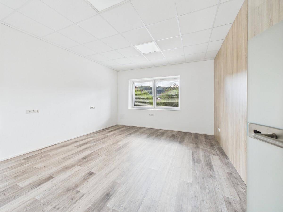 Helles Büro mit Holzpaneelen an einer Wand und Blick ins Grüne durch das Fenster.