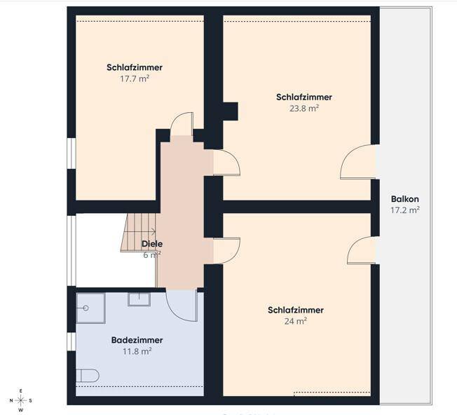 Grundriss des Obergeschosses mit drei Schlafzimmern, Badezimmer und Balkon.
