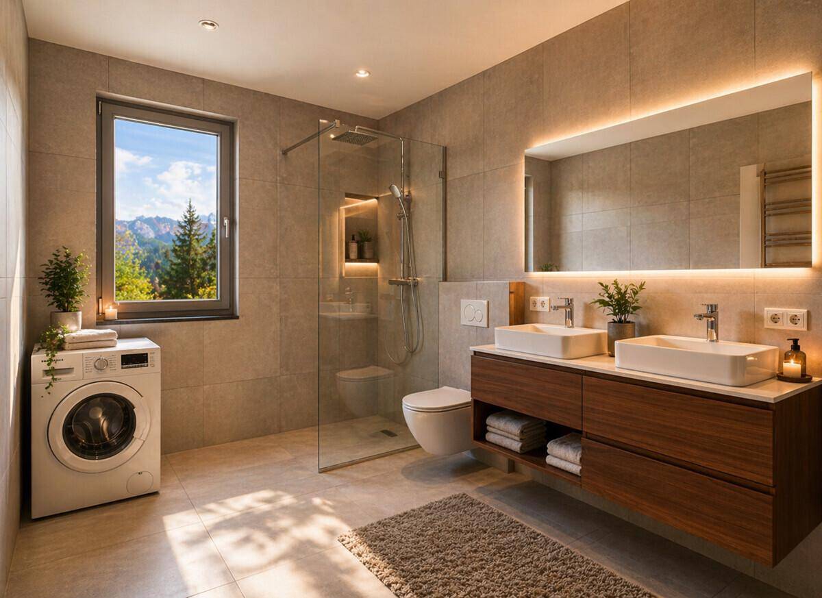 Modernes Badezimmer mit Doppelwaschbecken, begehbarer Dusche und Fenster mit Bergblick.