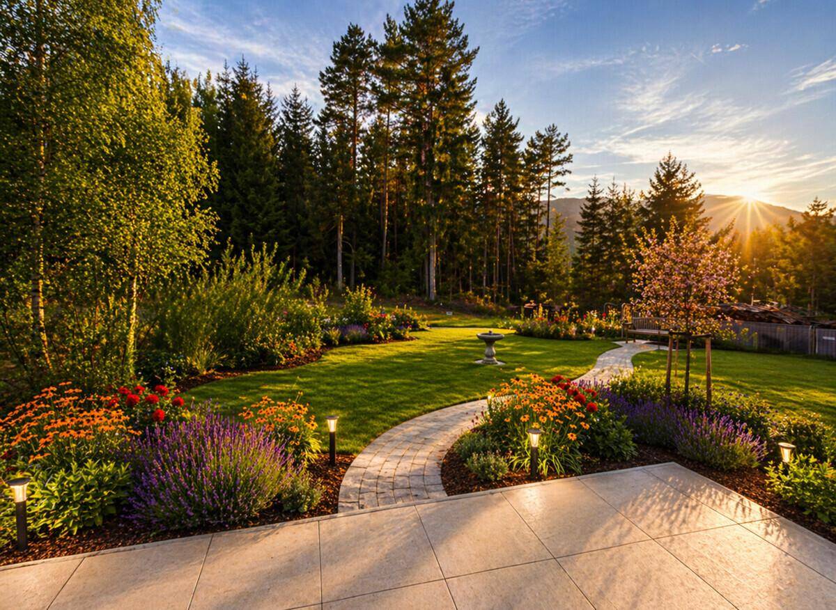 Wunderschöner, gepflegter Garten mit blühenden Beeten, Rasenfläche und sonniger Terrasse.