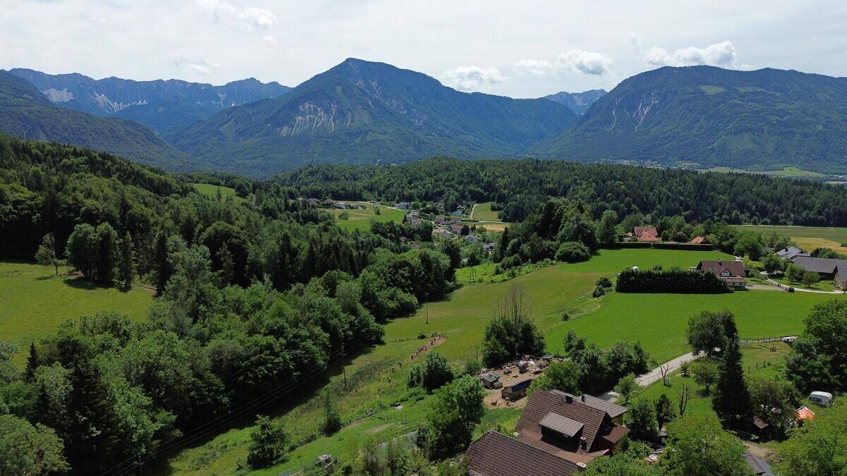 Weitläufige Ansicht einer grünen Tallandschaft mit verstreuten Häusern, Wäldern und einer beeindruckenden Bergkulisse.