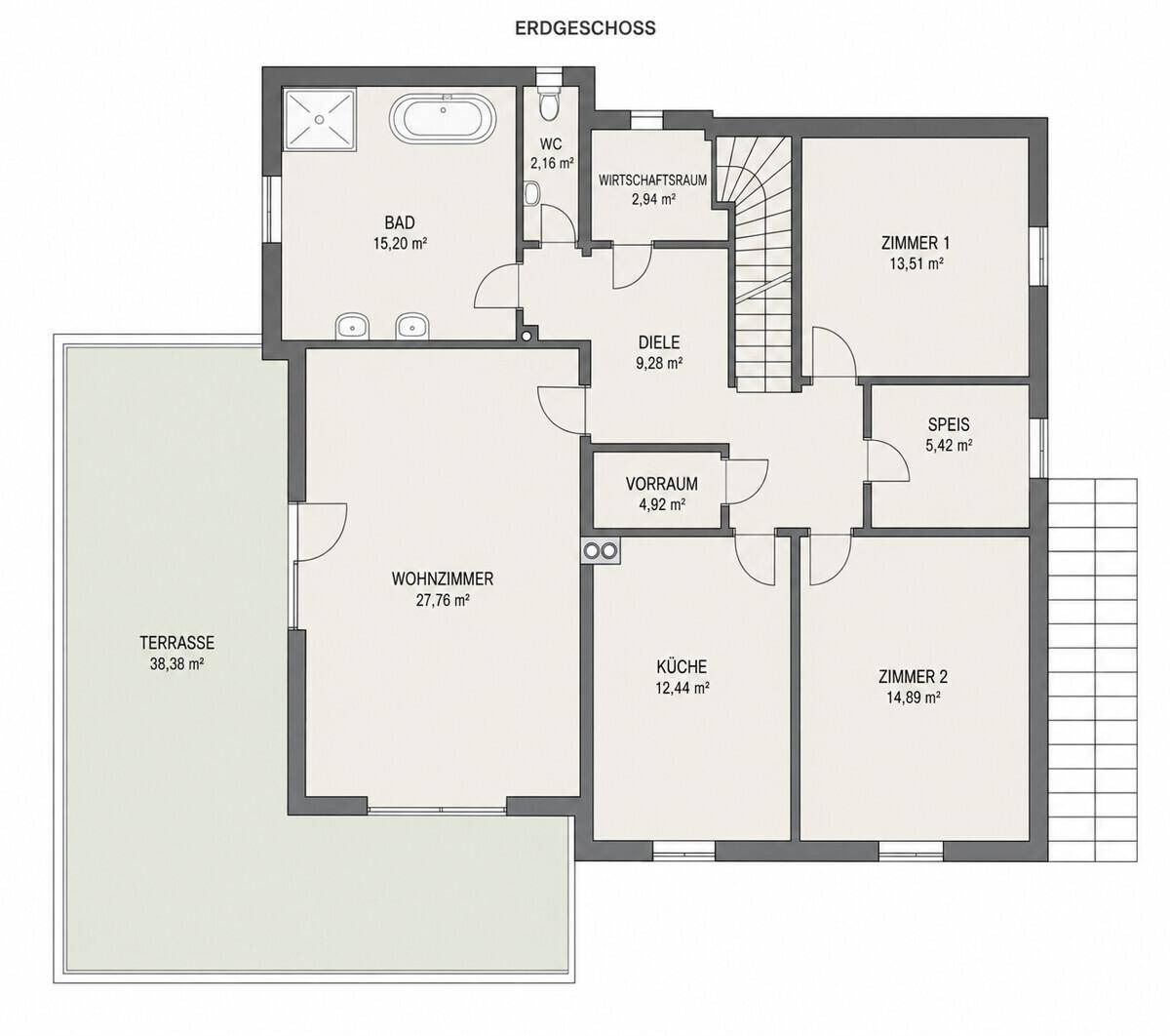 Grundriss des Erdgeschosses mit Wohnzimmer, Küche, Bad, WC und einer großen Terrasse.