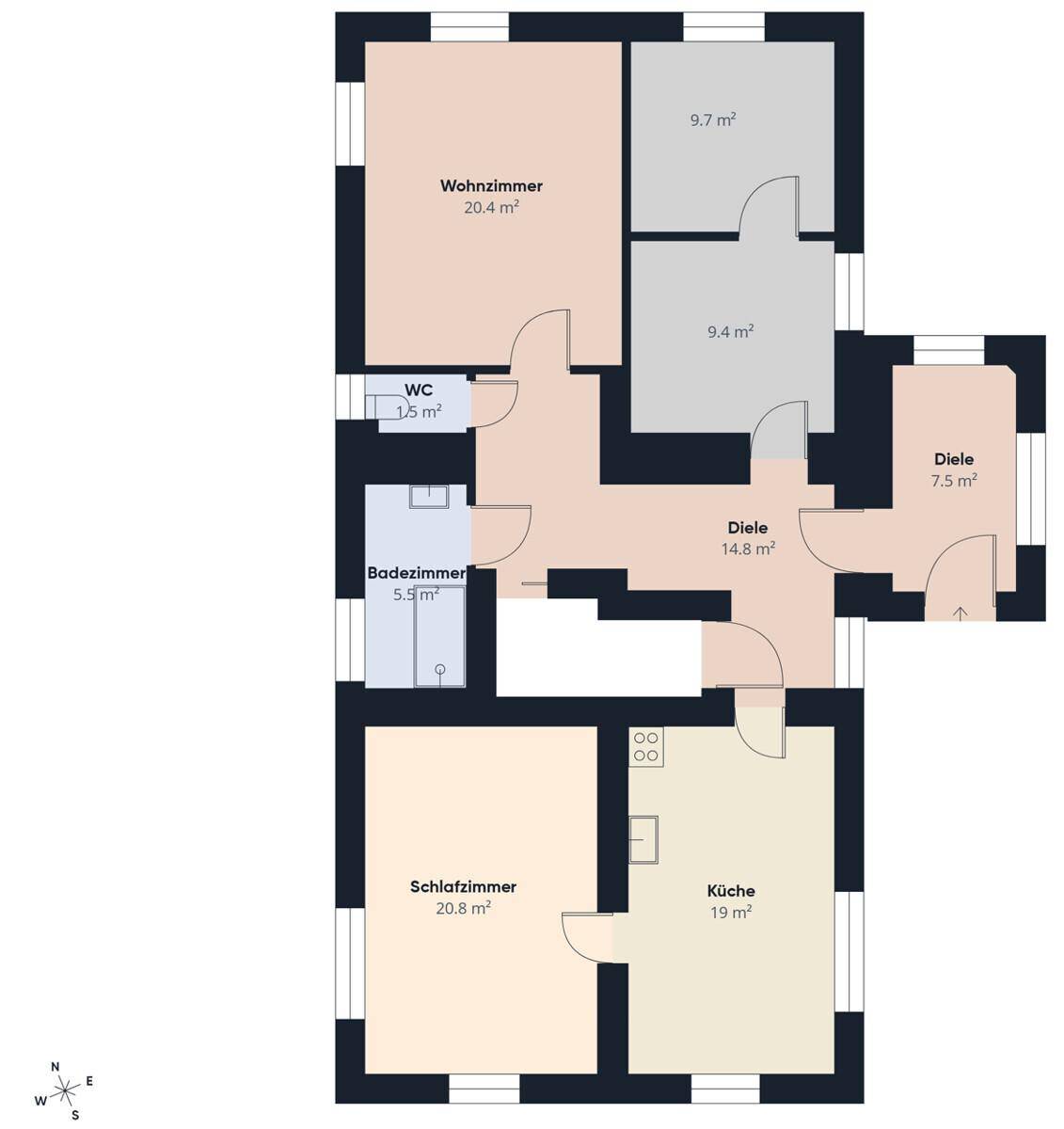 Grundrissplan mit Wohnzimmer, Schlafzimmer, Küche, Bad und separatem WC.