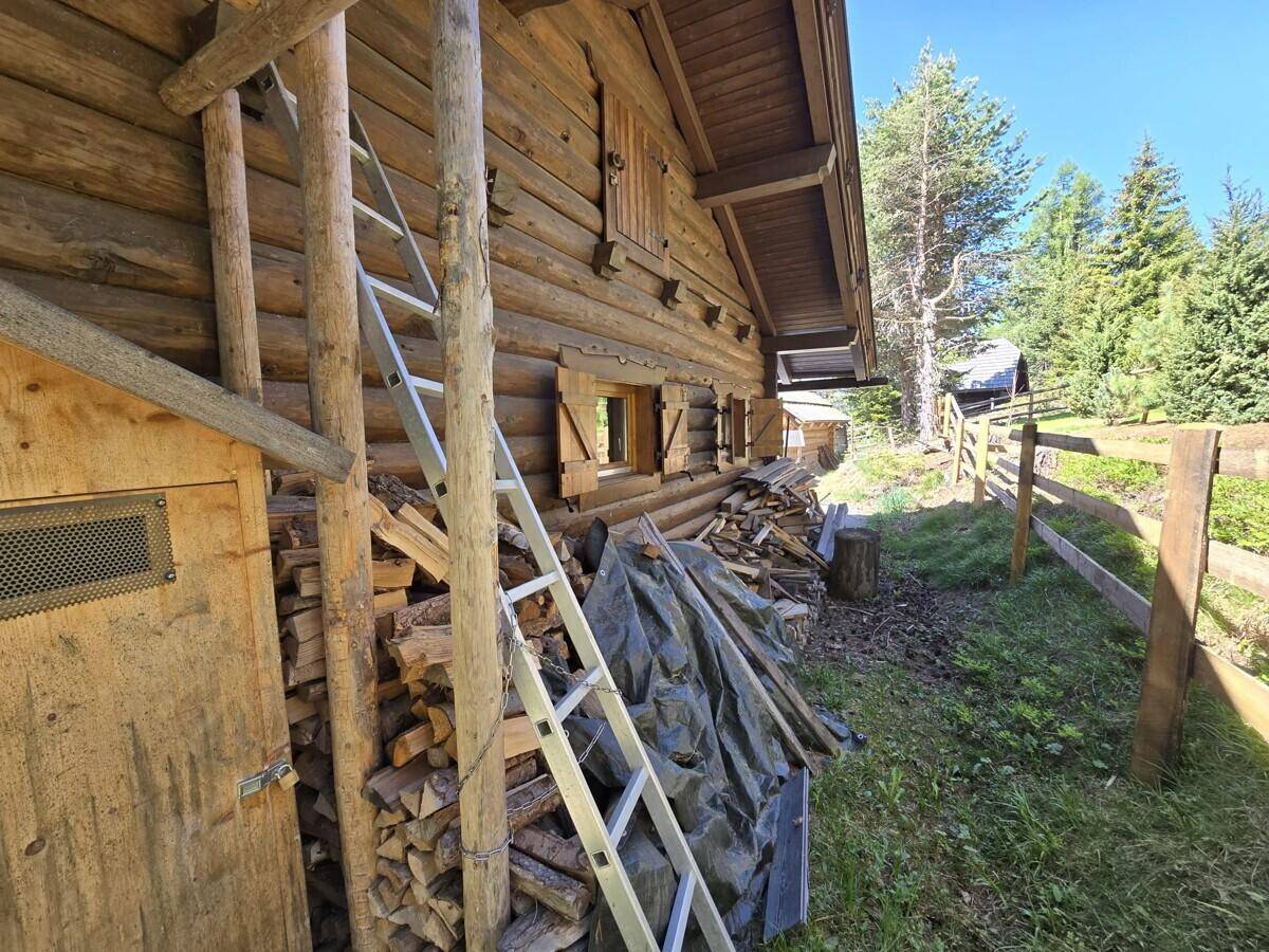 Rustikale Holzhütte mit gestapeltem Brennholz und einer Leiter an der Fassade.