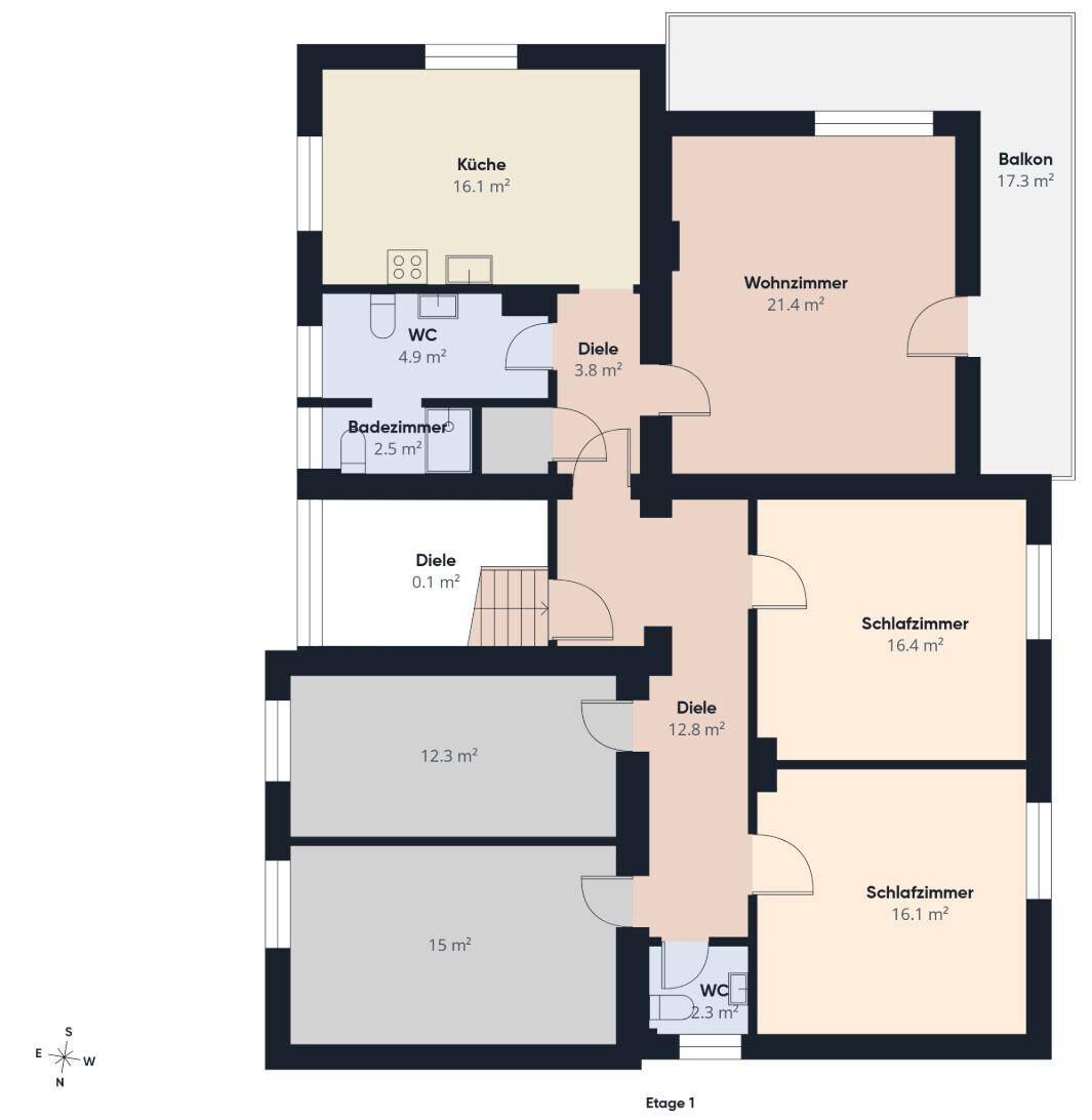 Grundriss des ersten Obergeschosses mit Wohnzimmer, Küche, Bad und zwei Schlafzimmern.