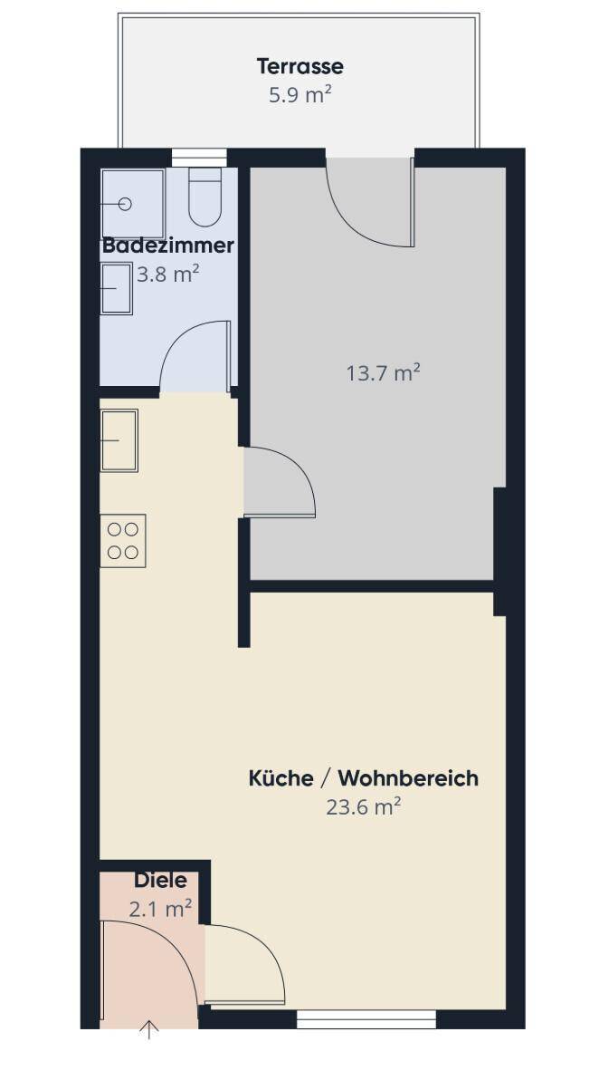 Grundriss der Wohnung mit Küche/Wohnbereich, Schlafzimmer, Bad und Terrasse.