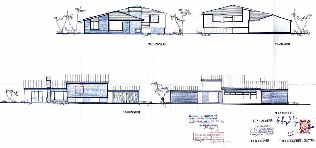 Architektonische Ansichten des Gebäudes von verschiedenen Seiten.