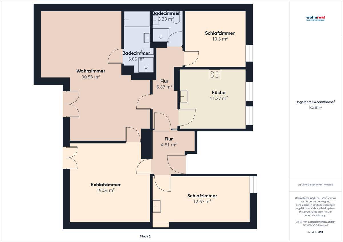 Grundriss der zweiten Etage mit Wohnzimmer, Küche und drei Schlafzimmern.