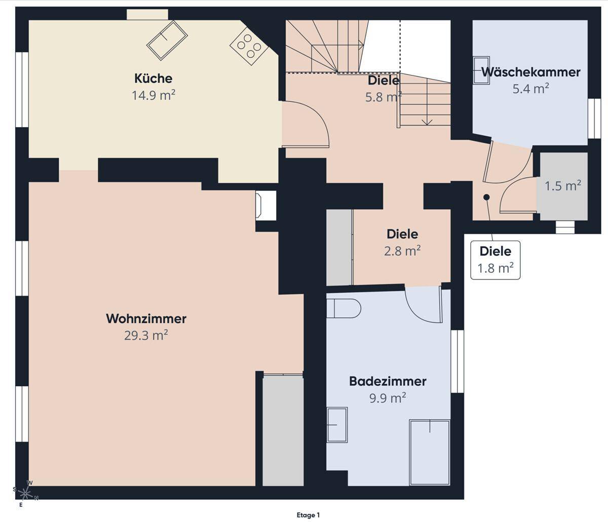 Grundriss des ersten Obergeschosses mit Küche, Wohnzimmer, Bad und Waschküche.