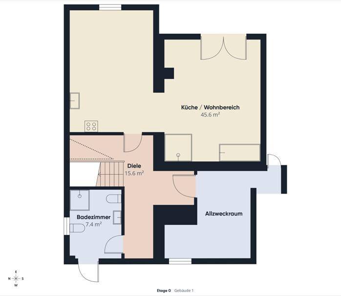 Grundriss einer weiteren Etage mit großer Wohnküche und Badezimmer.