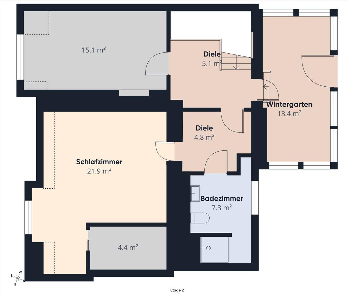 Grundriss des zweiten Obergeschosses mit Schlafzimmer, Bad und Wintergarten.