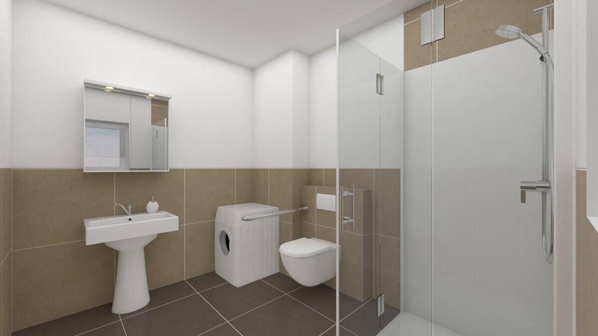 Modernes Badezimmer mit begehbarer Dusche, Waschbecken und WC in hellen Brauntönen.