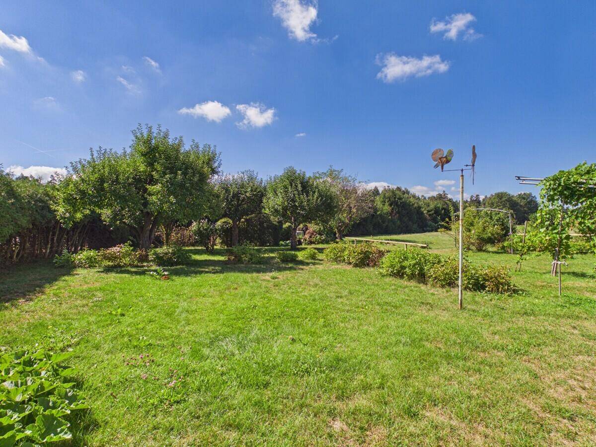 Großer, gepflegter Garten mit Rasen, Obstbäumen und verschiedenen Pflanzen unter blauem Himmel.