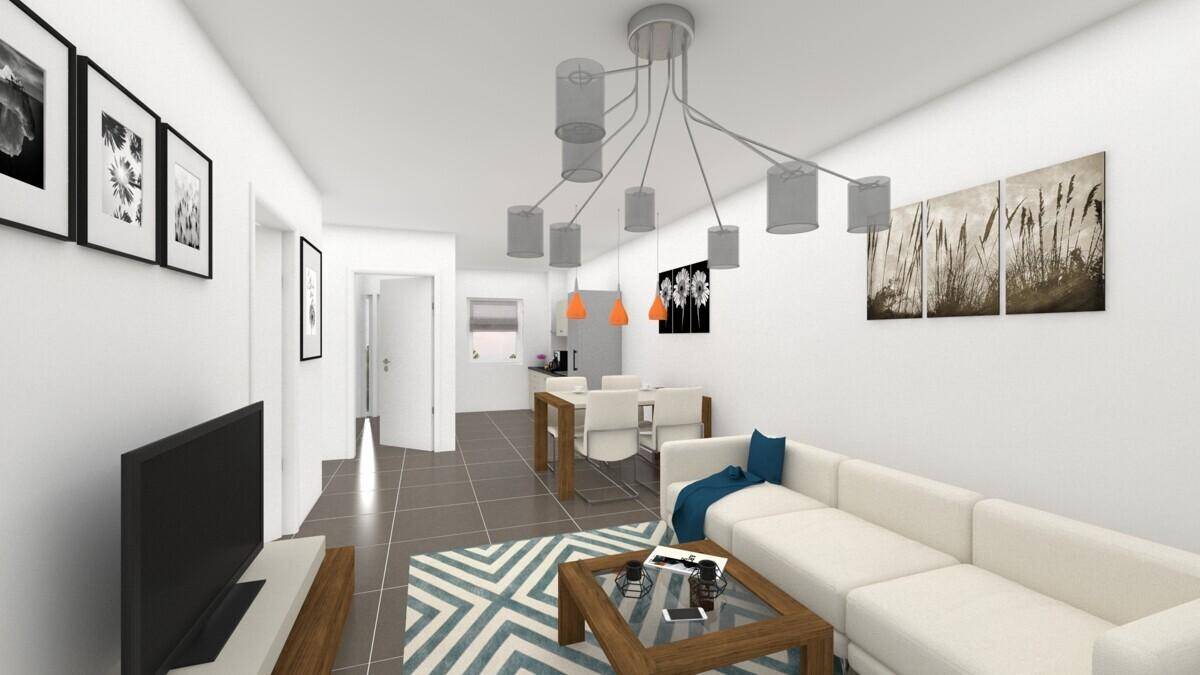 Geräumiger Wohn- und Essbereich mit offener Gestaltung, modernem Teppich und viel Tageslicht.