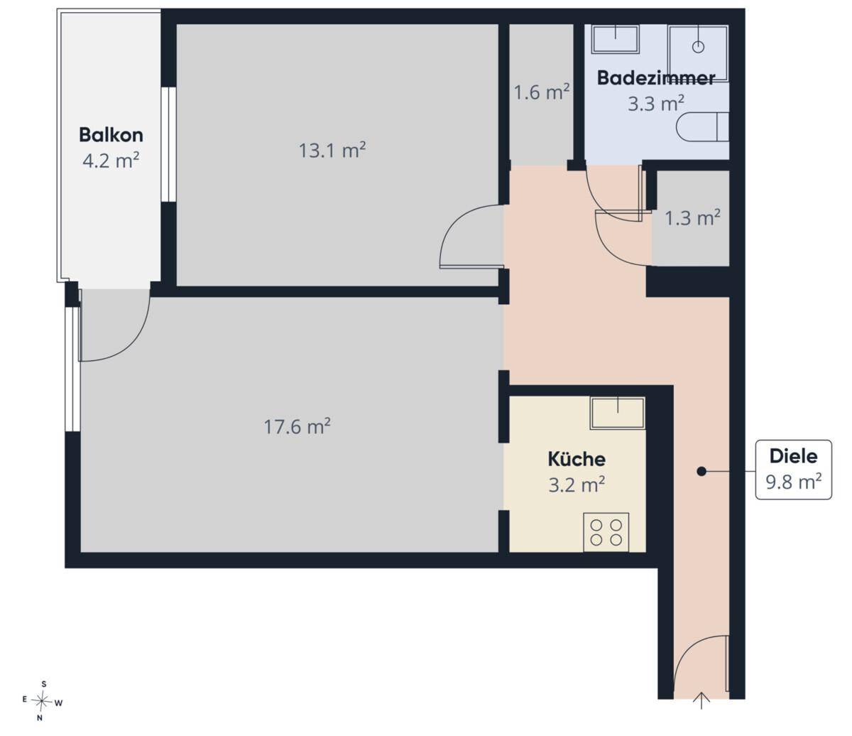 Detaillierter Grundriss einer Wohnung mit Balkon, zwei Zimmern, Küche und Badezimmer.