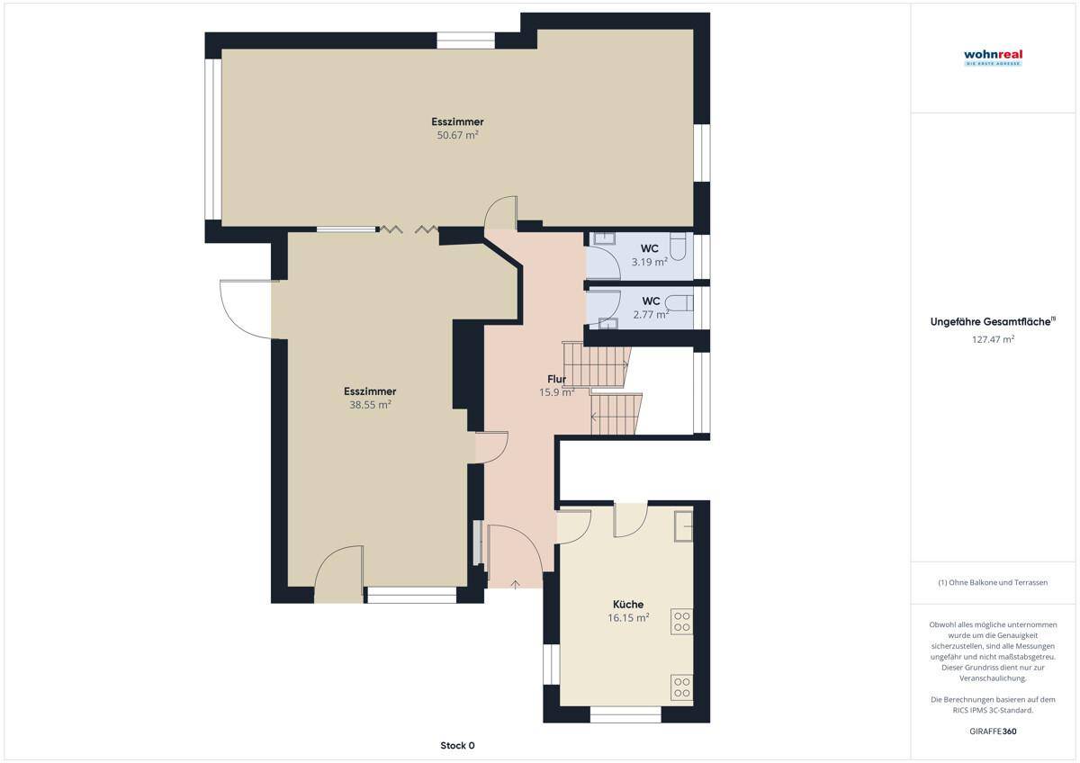 Grundriss des Erdgeschosses mit zwei Esszimmern, Küche und separaten Toiletten.