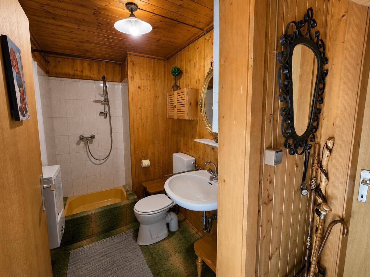 Rustikales Badezimmer mit Dusche, WC und Waschbecken, umgeben von Holzvertäfelung.