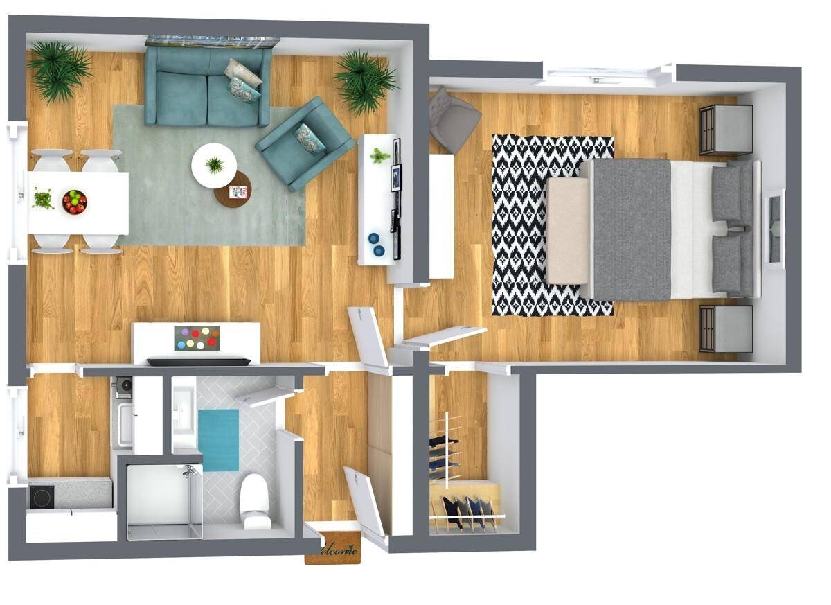 Detaillierter Grundriss einer möblierten Wohnung mit offenem Wohnbereich und Balkon.