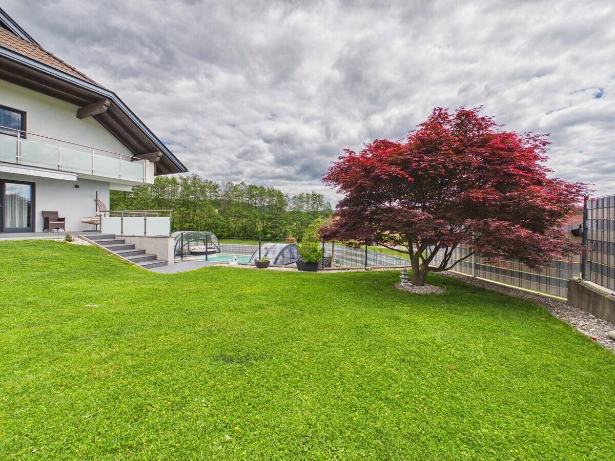 Gepflegter Gartenbereich mit rotem Ahornbaum und Blick auf das Haus und den Pool.