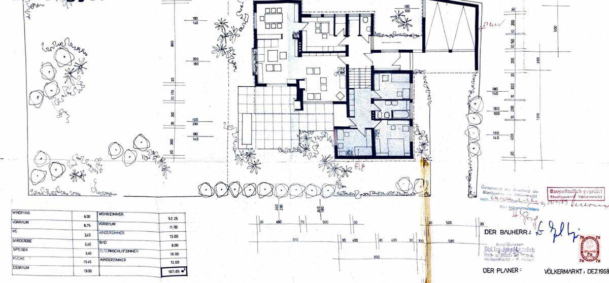 Grundriss des Erdgeschosses mit Zimmeraufteilung und Gartenbereich.