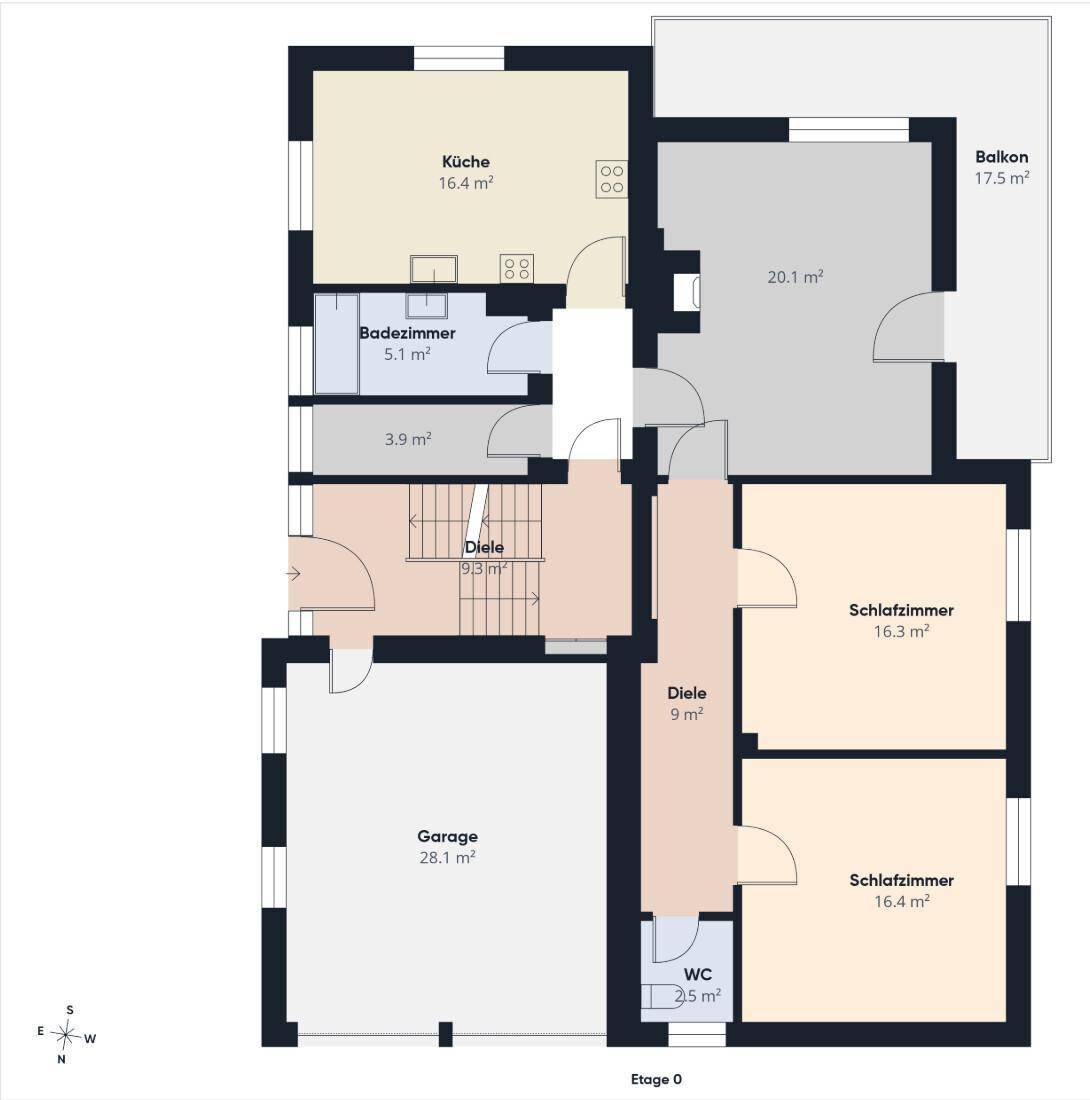 Grundriss des Erdgeschosses mit Küche, Bad, Garage und zwei Schlafzimmern.
