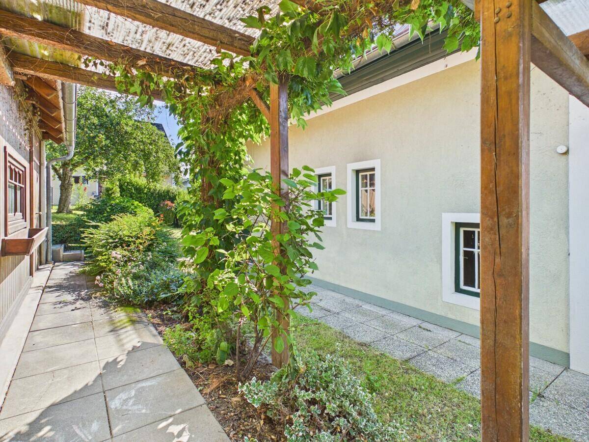 Seitenweg des Hauses mit bewachsener Pergola und üppigem Grün.