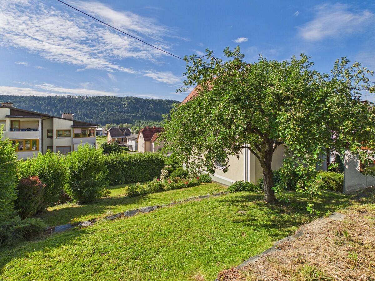 Gepflegter Gartenbereich mit Obstbaum und weitem Blick auf die Landschaft.